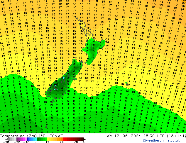 Temperature (2m) ECMWF We 12.06.2024 18 UTC