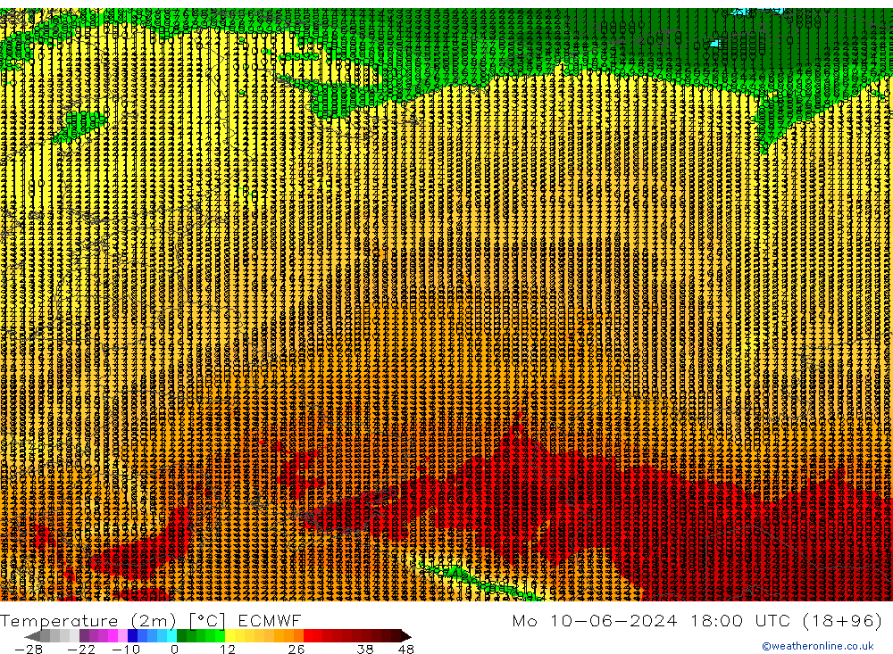 карта температуры ECMWF пн 10.06.2024 18 UTC