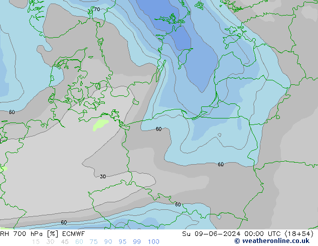 RH 700 hPa ECMWF Su 09.06.2024 00 UTC