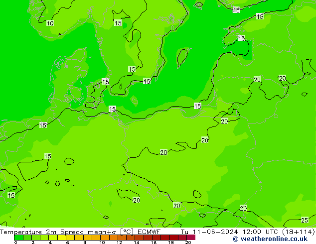 Temperatuurkaart Spread ECMWF di 11.06.2024 12 UTC