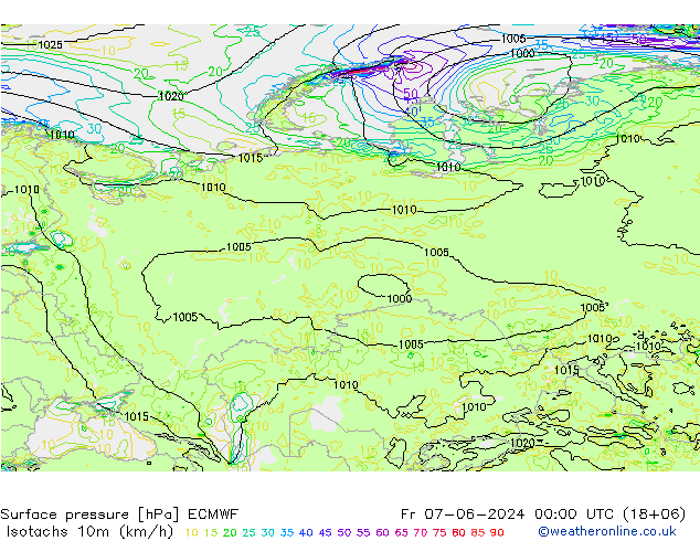 Isotachs (kph) ECMWF Sex 07.06.2024 00 UTC