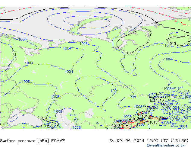 Atmosférický tlak ECMWF Ne 09.06.2024 12 UTC