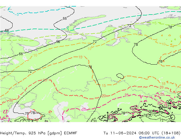 Géop./Temp. 925 hPa ECMWF mar 11.06.2024 06 UTC