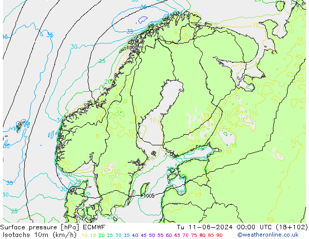 Isotachs (kph) ECMWF вт 11.06.2024 00 UTC