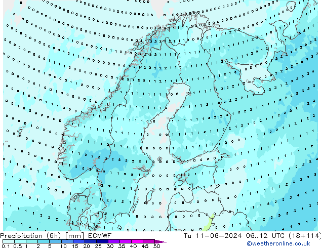 Precipitazione (6h) ECMWF mar 11.06.2024 12 UTC