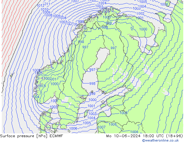 Presión superficial ECMWF lun 10.06.2024 18 UTC