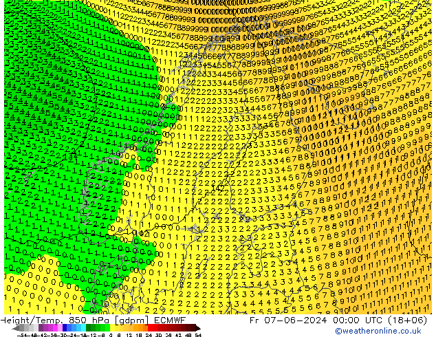 Geop./Temp. 850 hPa ECMWF vie 07.06.2024 00 UTC