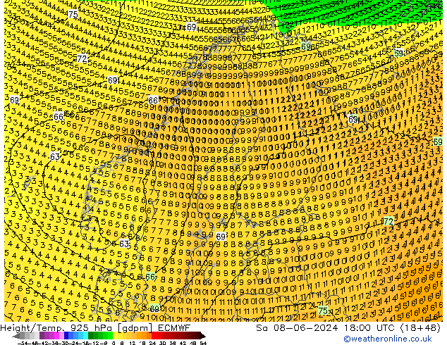 Height/Temp. 925 hPa ECMWF so. 08.06.2024 18 UTC