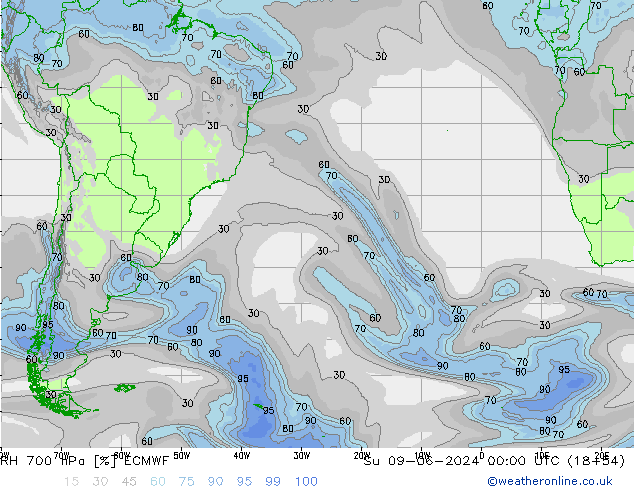 RH 700 гПа ECMWF Вс 09.06.2024 00 UTC