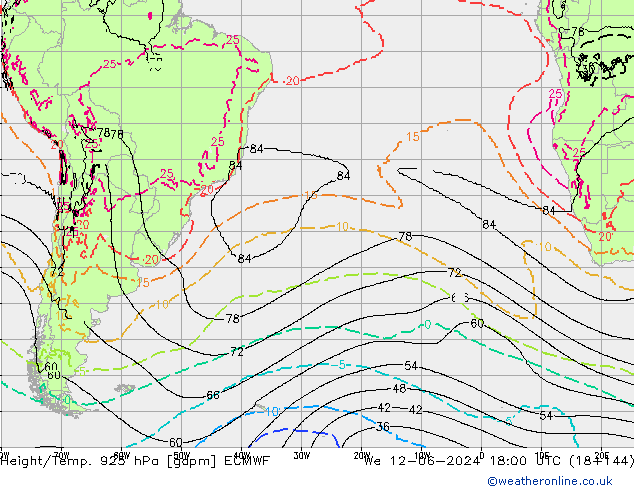 Height/Temp. 925 hPa ECMWF mer 12.06.2024 18 UTC