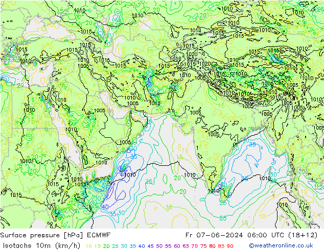 Isotachs (kph) ECMWF ven 07.06.2024 06 UTC