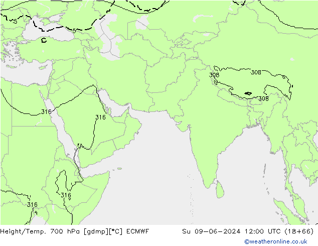 Yükseklik/Sıc. 700 hPa ECMWF Paz 09.06.2024 12 UTC