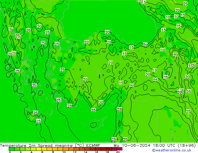 Temperatura 2m Spread ECMWF lun 10.06.2024 18 UTC
