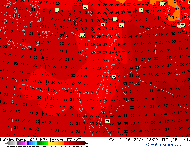 Height/Temp. 925 hPa ECMWF We 12.06.2024 18 UTC