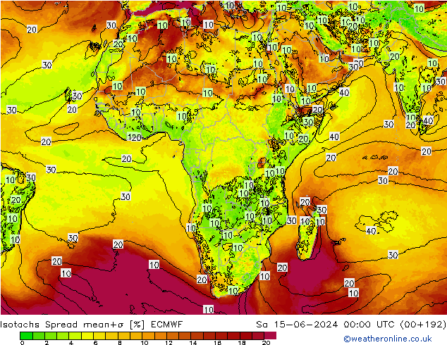 Isotachen Spread ECMWF za 15.06.2024 00 UTC