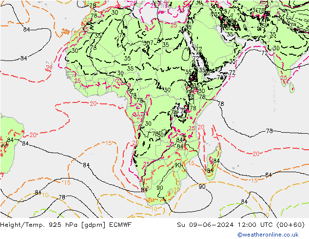 Height/Temp. 925 hPa ECMWF Dom 09.06.2024 12 UTC