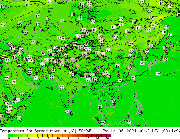 Temperatura 2m Spread ECMWF Qua 12.06.2024 00 UTC