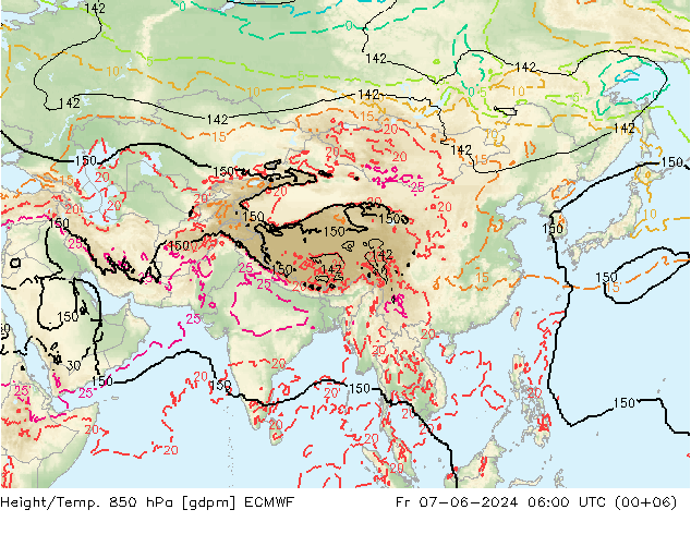 Hoogte/Temp. 850 hPa ECMWF vr 07.06.2024 06 UTC