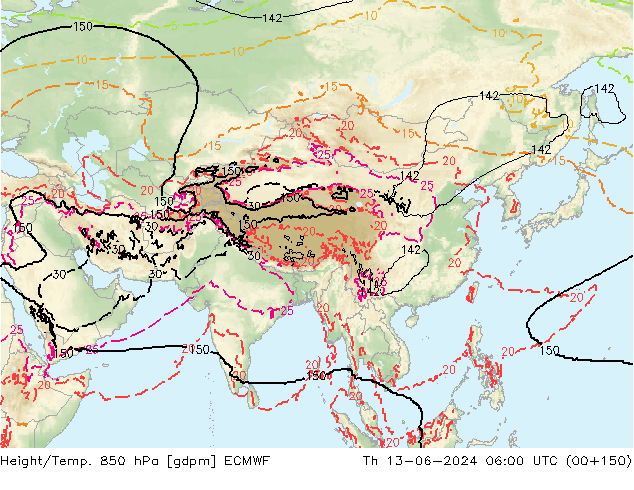 Height/Temp. 850 hPa ECMWF Čt 13.06.2024 06 UTC