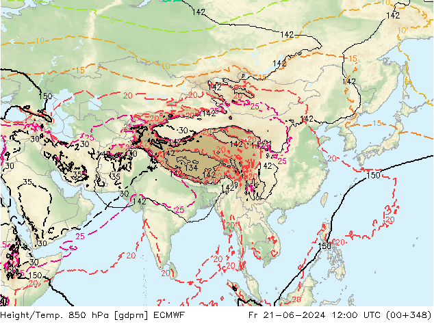 Hoogte/Temp. 850 hPa ECMWF vr 21.06.2024 12 UTC