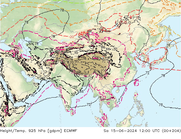 Height/Temp. 925 гПа ECMWF сб 15.06.2024 12 UTC