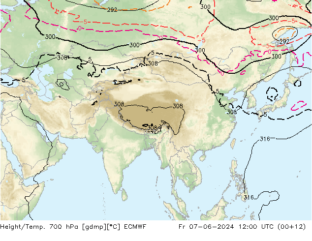 Height/Temp. 700 hPa ECMWF Fr 07.06.2024 12 UTC