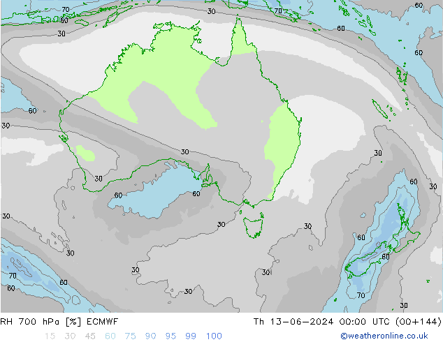 Humedad rel. 700hPa ECMWF jue 13.06.2024 00 UTC