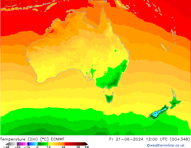 Temperature (2m) ECMWF Pá 21.06.2024 12 UTC