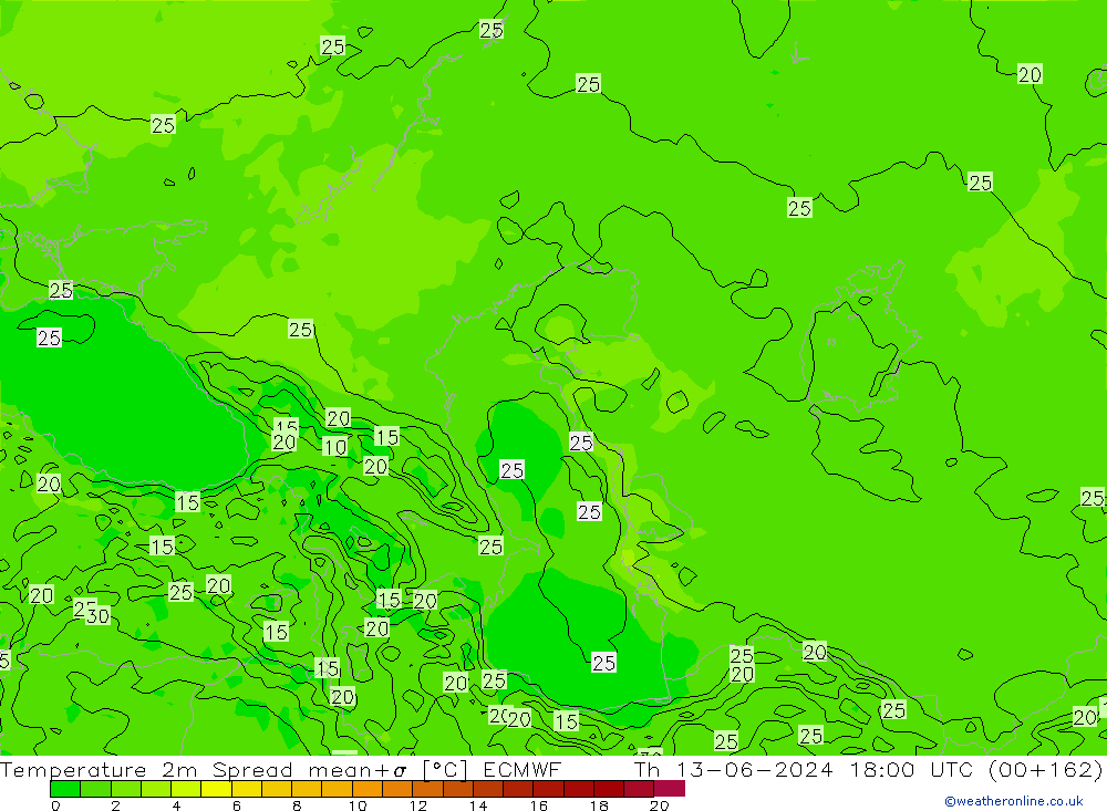 température 2m Spread ECMWF jeu 13.06.2024 18 UTC