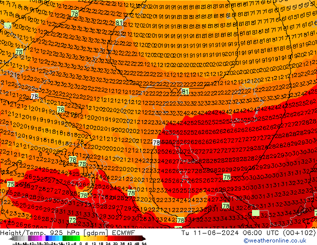 Height/Temp. 925 hPa ECMWF Tu 11.06.2024 06 UTC