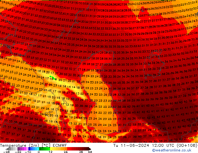 Temperaturkarte (2m) ECMWF Di 11.06.2024 12 UTC