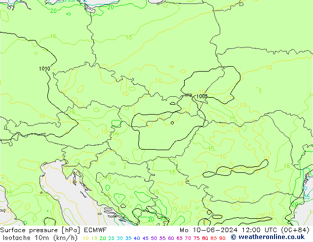 Eşrüzgar Hızları (km/sa) ECMWF Pzt 10.06.2024 12 UTC