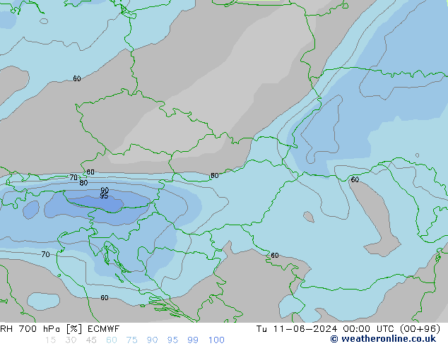 RH 700 hPa ECMWF Tu 11.06.2024 00 UTC