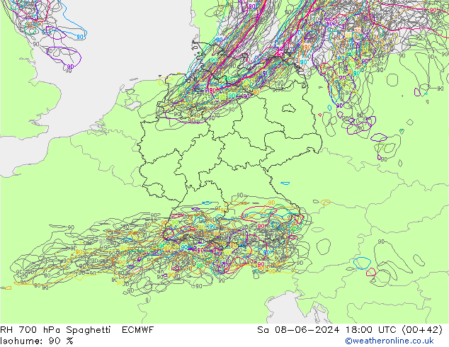 RH 700 hPa Spaghetti ECMWF Sa 08.06.2024 18 UTC