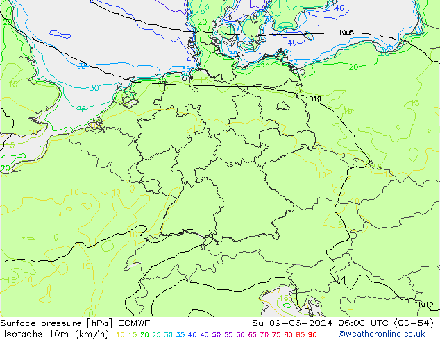 Isotachen (km/h) ECMWF zo 09.06.2024 06 UTC