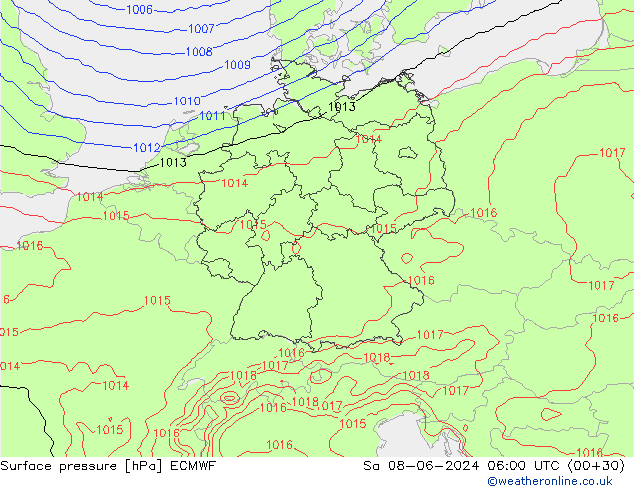 Surface pressure ECMWF Sa 08.06.2024 06 UTC