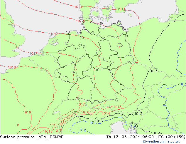 Surface pressure ECMWF Th 13.06.2024 06 UTC