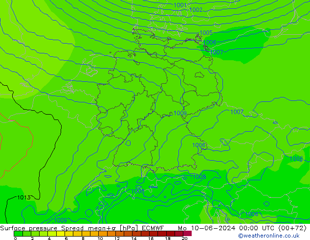 Luchtdruk op zeeniveau Spread ECMWF ma 10.06.2024 00 UTC