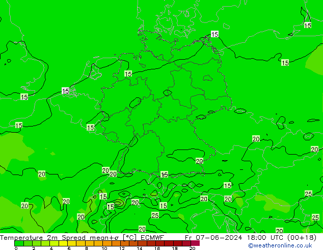 Temperature 2m Spread ECMWF Fr 07.06.2024 18 UTC