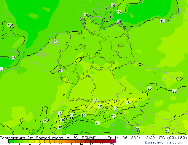 Temperaturkarte Spread ECMWF Fr 14.06.2024 12 UTC