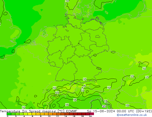 mapa temperatury 2m Spread ECMWF so. 15.06.2024 00 UTC