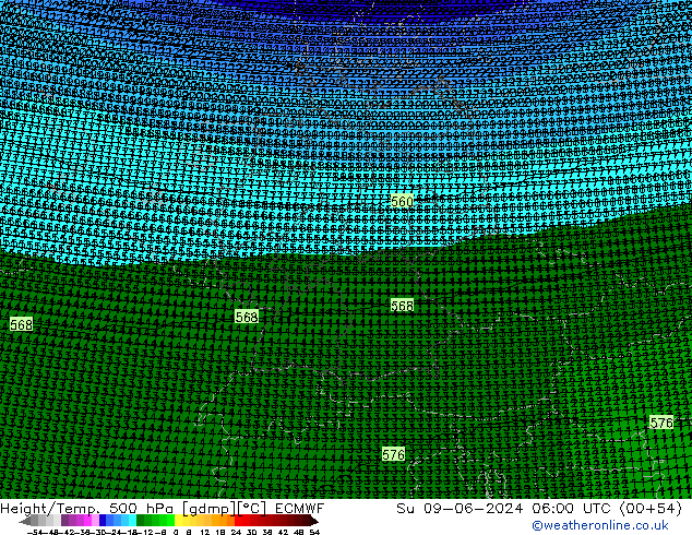 Hoogte/Temp. 500 hPa ECMWF zo 09.06.2024 06 UTC