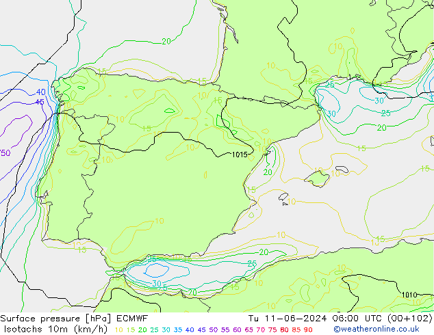 Isotachs (kph) ECMWF Út 11.06.2024 06 UTC