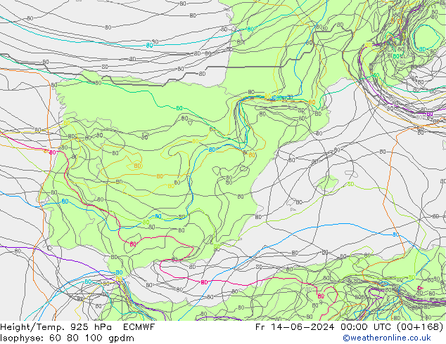 Hoogte/Temp. 925 hPa ECMWF vr 14.06.2024 00 UTC
