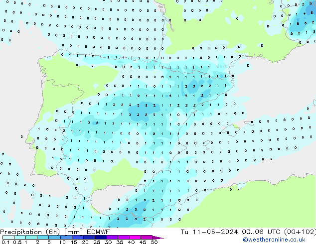 Precipitation (6h) ECMWF Tu 11.06.2024 06 UTC