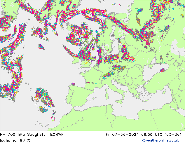 RH 700 hPa Spaghetti ECMWF Sex 07.06.2024 06 UTC