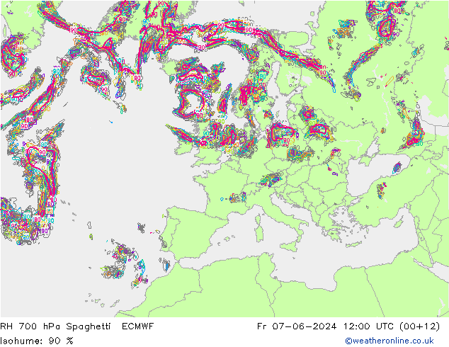 RH 700 hPa Spaghetti ECMWF Pá 07.06.2024 12 UTC