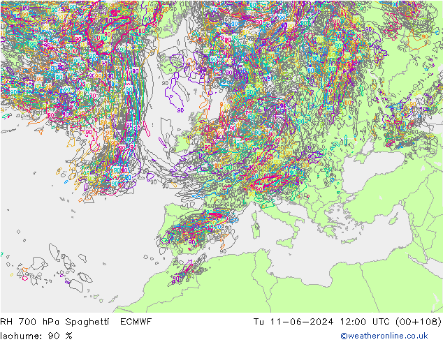 RH 700 hPa Spaghetti ECMWF Út 11.06.2024 12 UTC