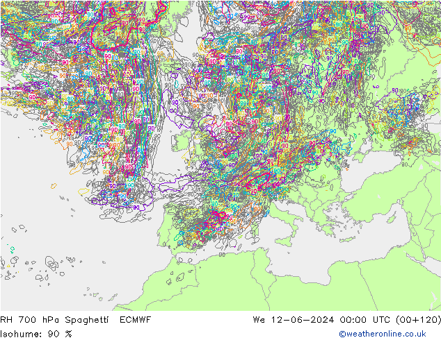 RH 700 hPa Spaghetti ECMWF Mi 12.06.2024 00 UTC