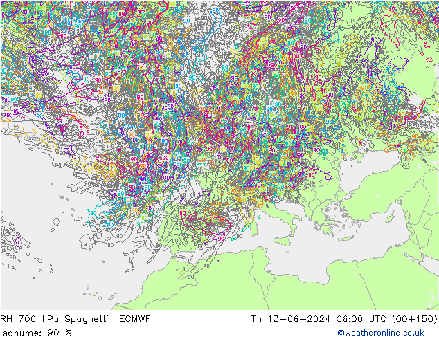 Humidité rel. 700 hPa Spaghetti ECMWF jeu 13.06.2024 06 UTC